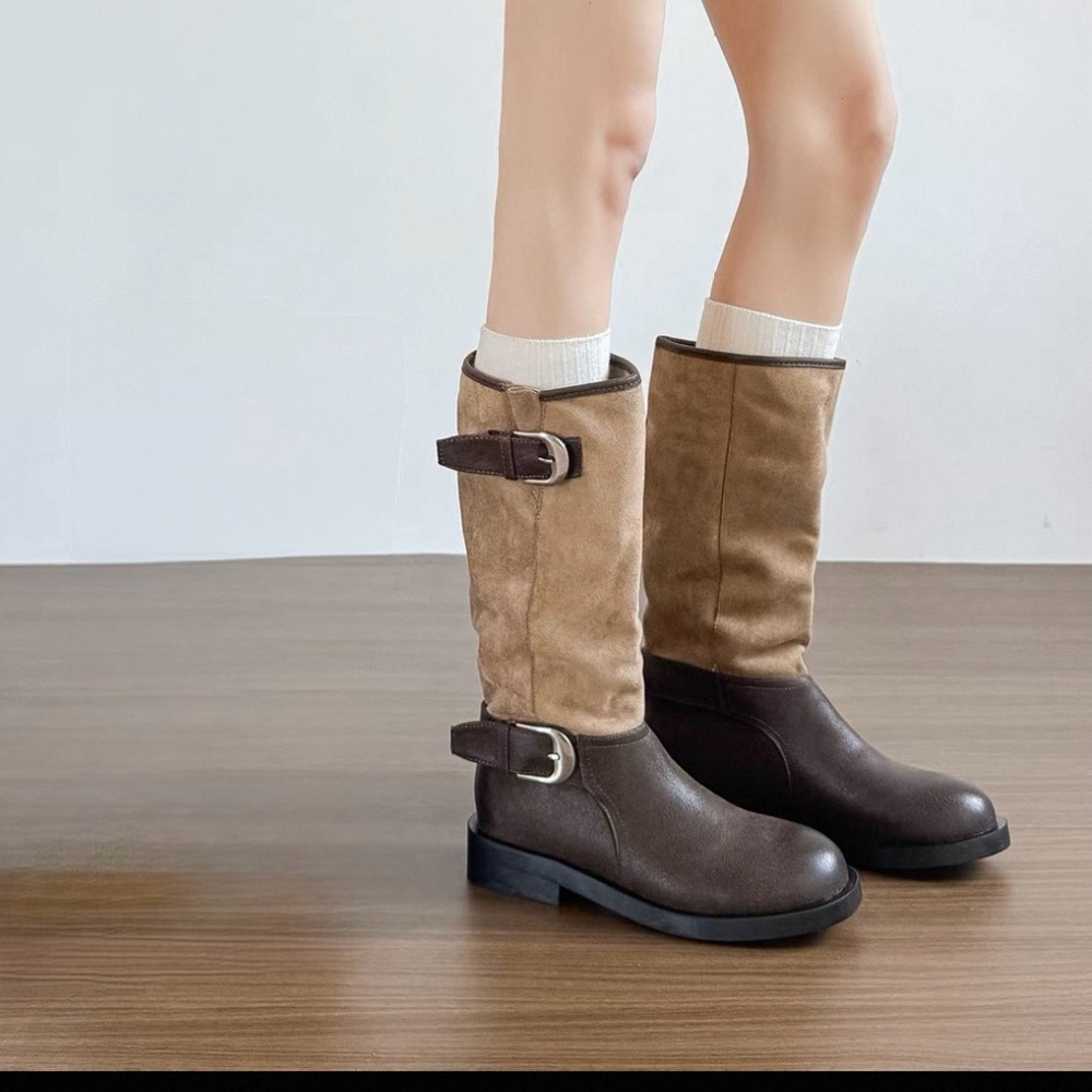 Brown and Tan below Knee-High Boots